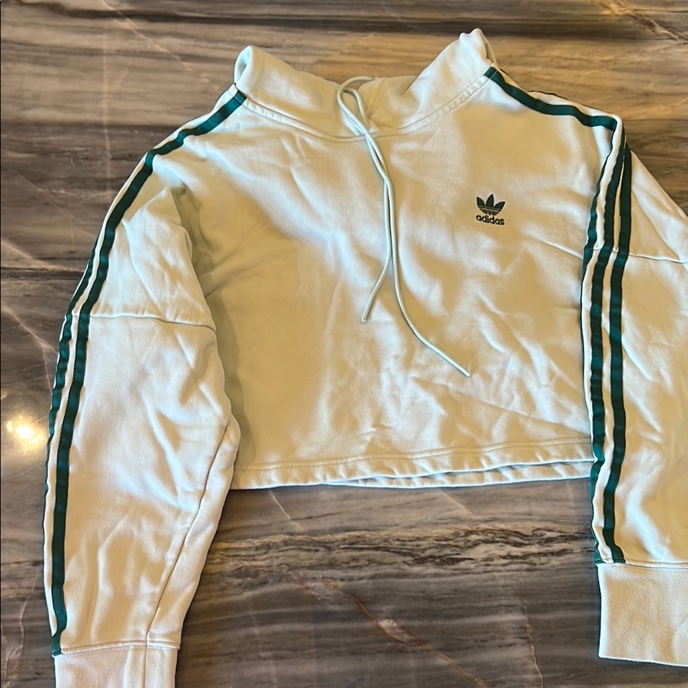 Adidas White Cropped Hoodie with Green Stripes